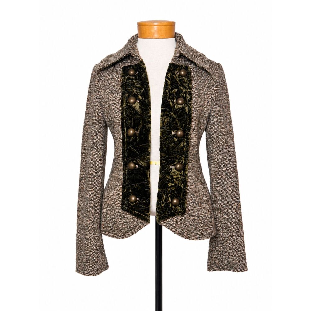 VTG Candies Tweed Military Jacket M Velvet Panel Peplum Brass Button Coat Y2K